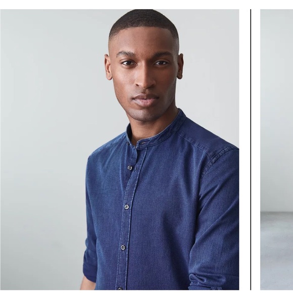 Reiss Caffrey Textured Grandad Collar Shirt Denim Navy Blue M - Picture 3 of 13